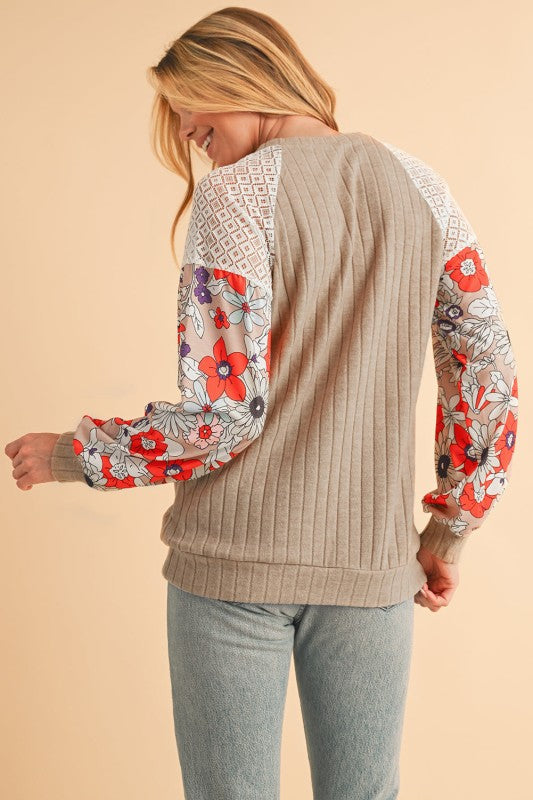 ribbed lace patch floral sweatshirt