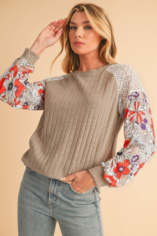 ribbed lace patch floral sweatshirt