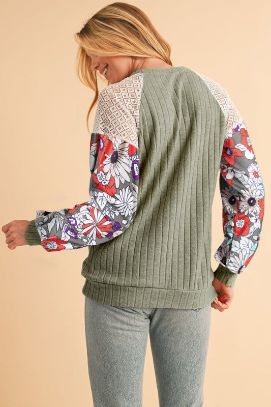 ribbed lace patch floral sweatshirt