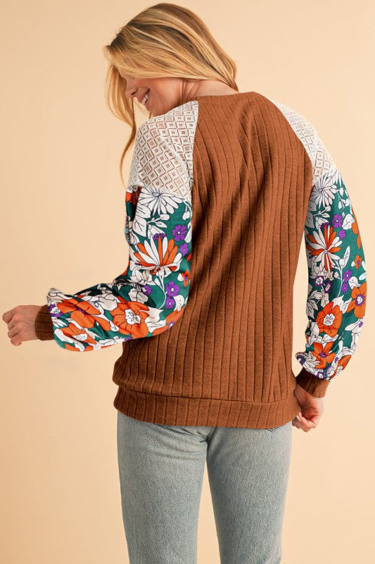 ribbed lace patch floral sweatshirt