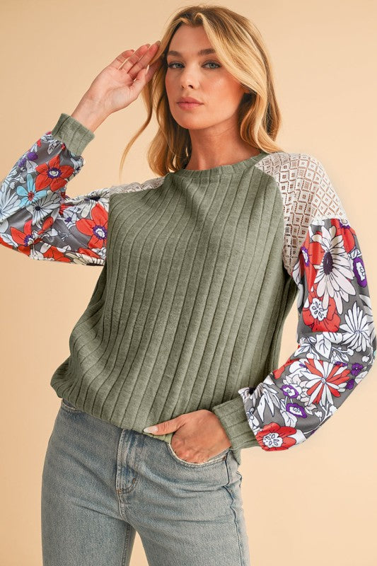 ribbed lace patch floral sweatshirt