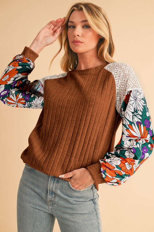 ribbed lace patch floral sweatshirt