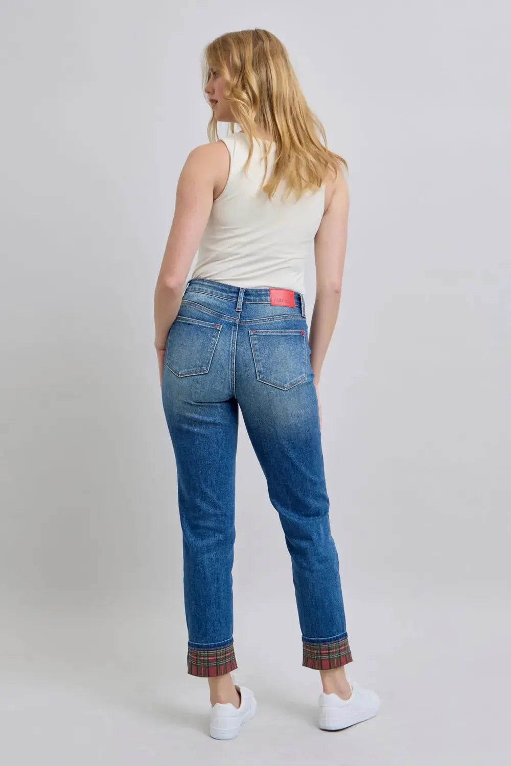 Full/Plus Size Plaid Print Cuff Straight Leg Judy Blue Jeans with Pockets