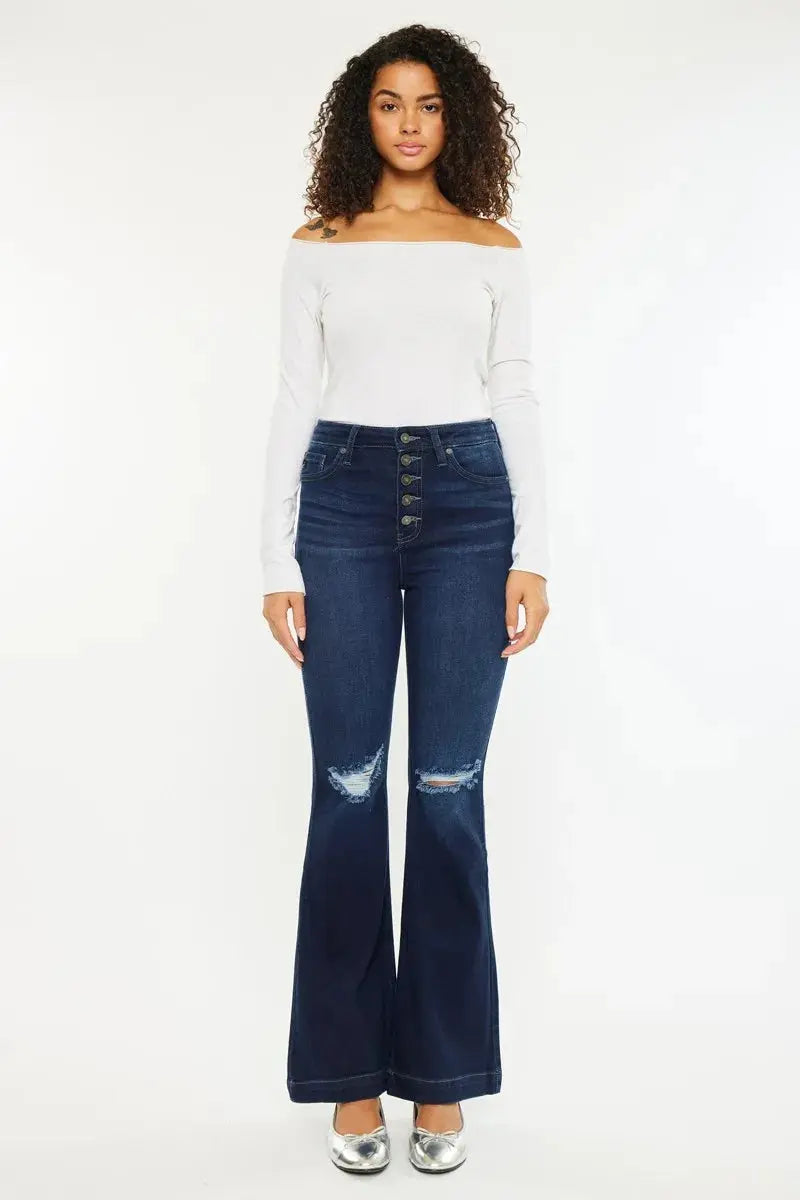 Button Fly High Rise Distressed Kancan Flare Jeans