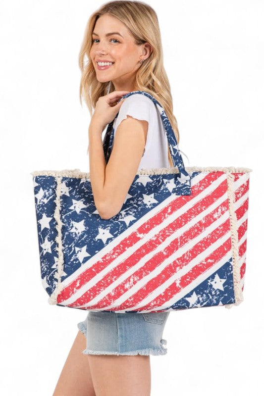 USA Flag Print Canvas Tote Bag
