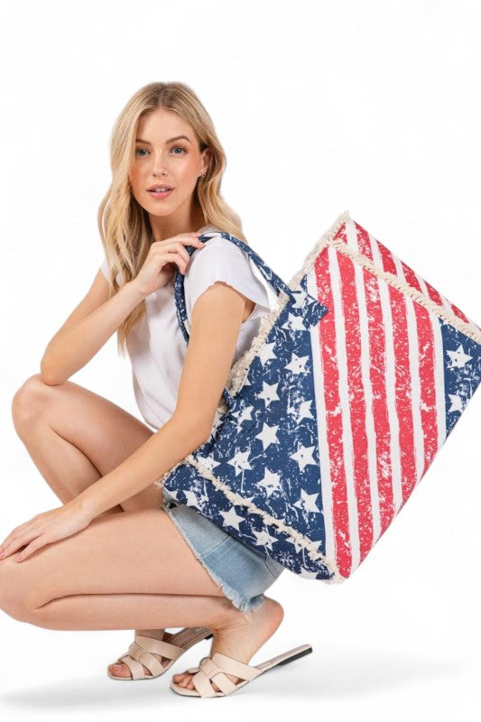 USA Flag Print Canvas Tote Bag