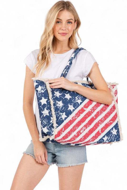 USA Flag Print Canvas Tote Bag