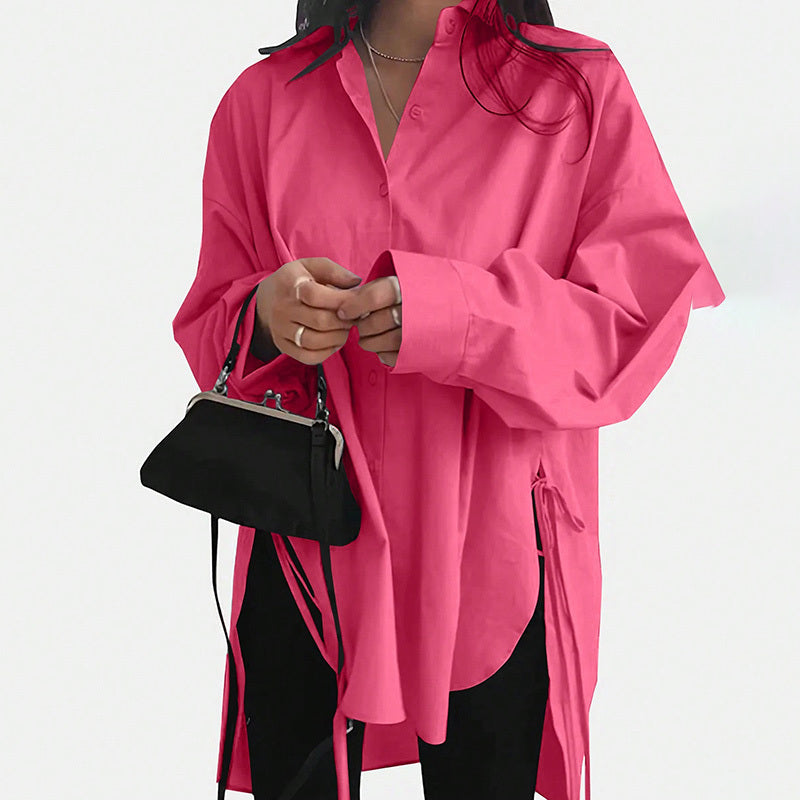 Women's Casual Loose-Fit Long Sleeve Shirt - Side Slit Tie Detail Button-Down Blouse, Solid Color Top