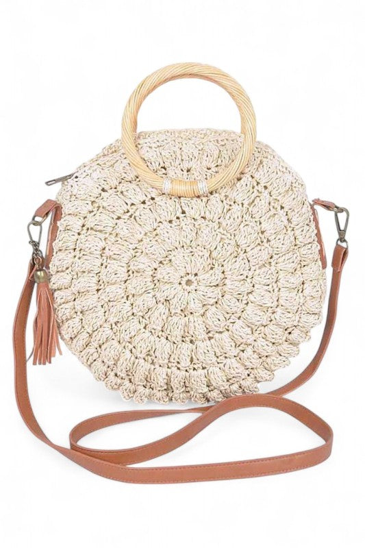 Wooden Handle Crochet Straw Circle Bag