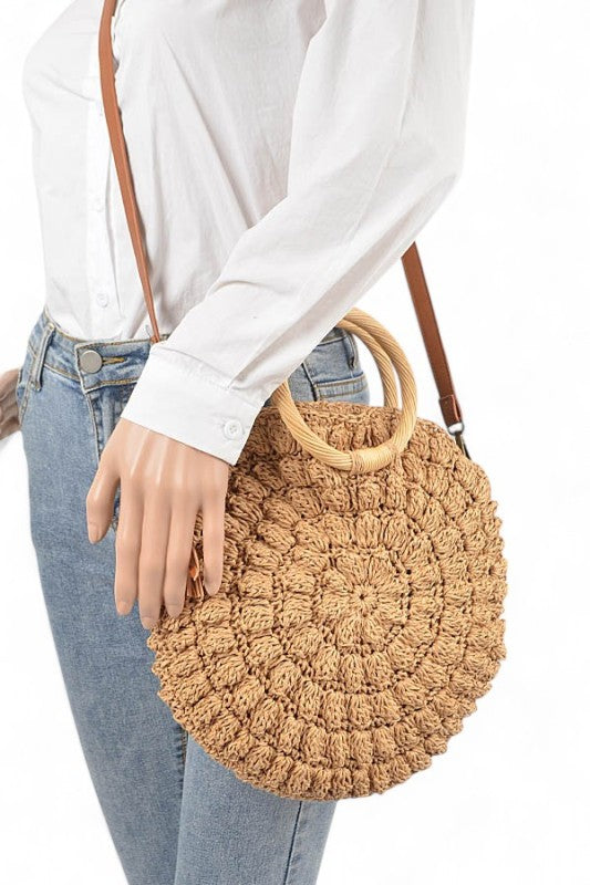 Wooden Handle Crochet Straw Circle Bag