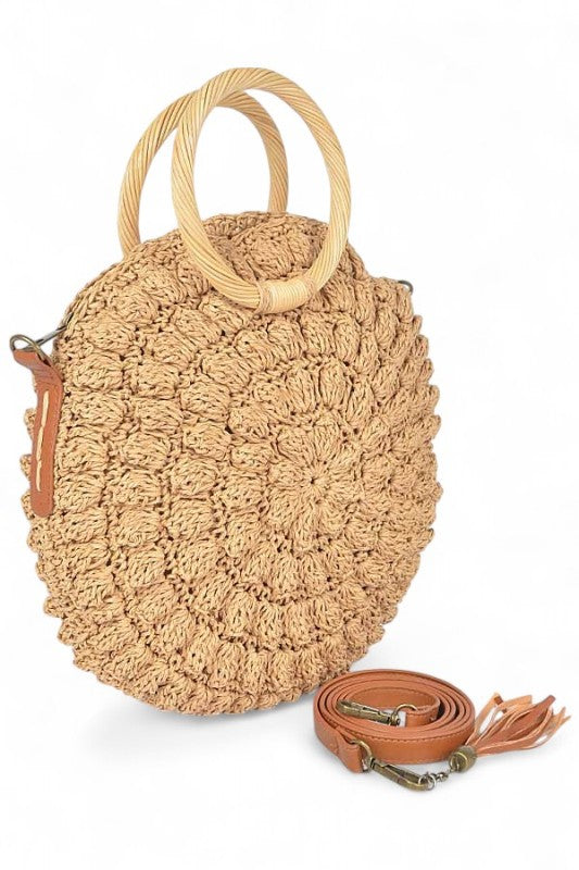 Wooden Handle Crochet Straw Circle Bag