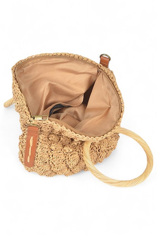 Wooden Handle Crochet Straw Circle Bag