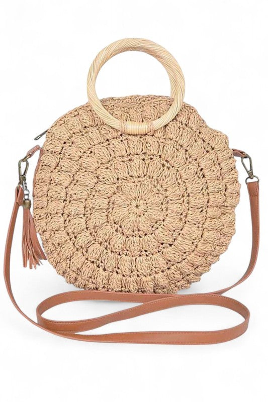 Wooden Handle Crochet Straw Circle Bag