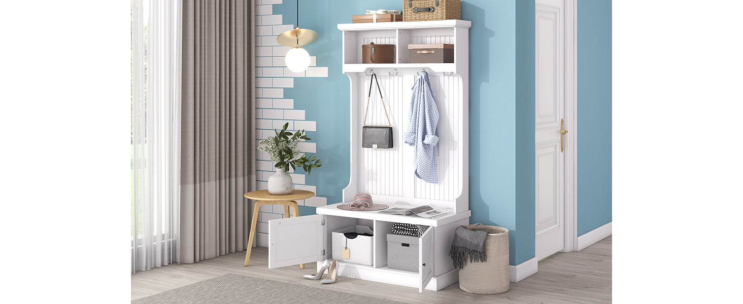Hall Tree with Storage Shoe Bench for Entryway and Hallway 4-in-1 Design Coat Racks with 4 Hooks for Living Room White