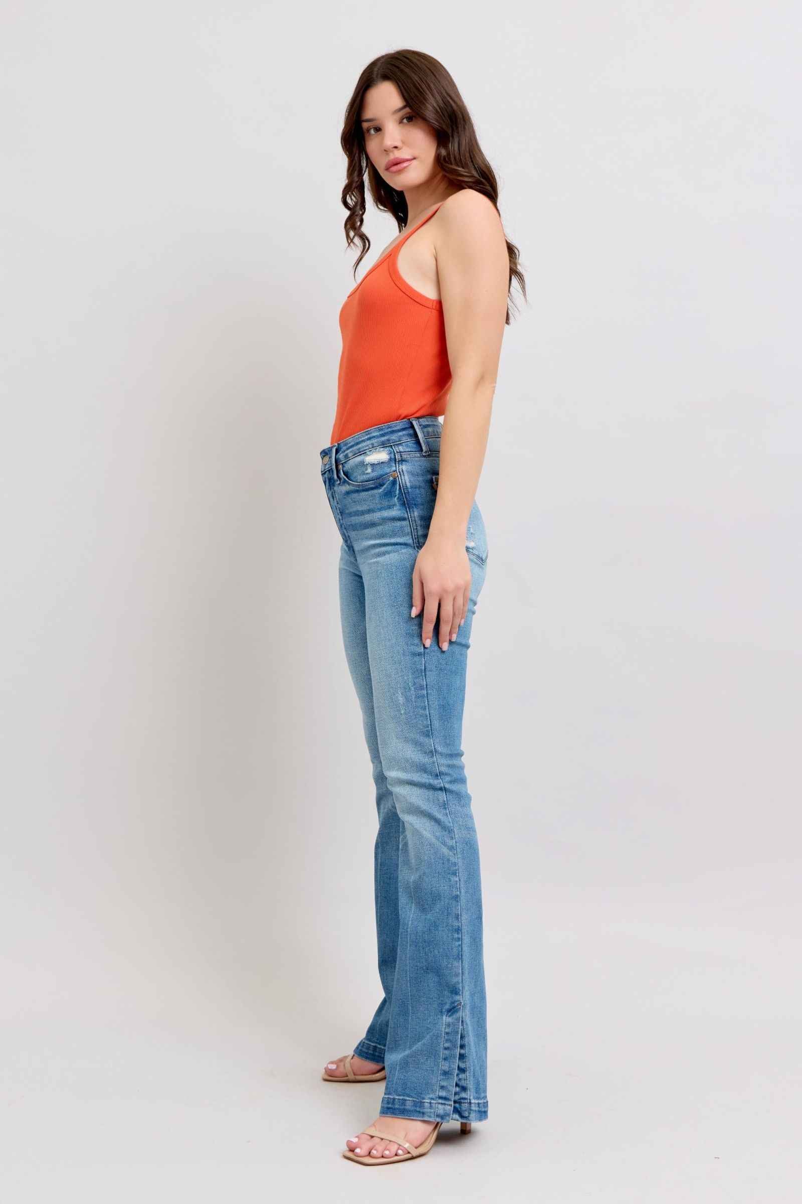 Judy Blue Tummy Control Bootcut Jeans with Vintage Wash and Side Slit Women's Jeans