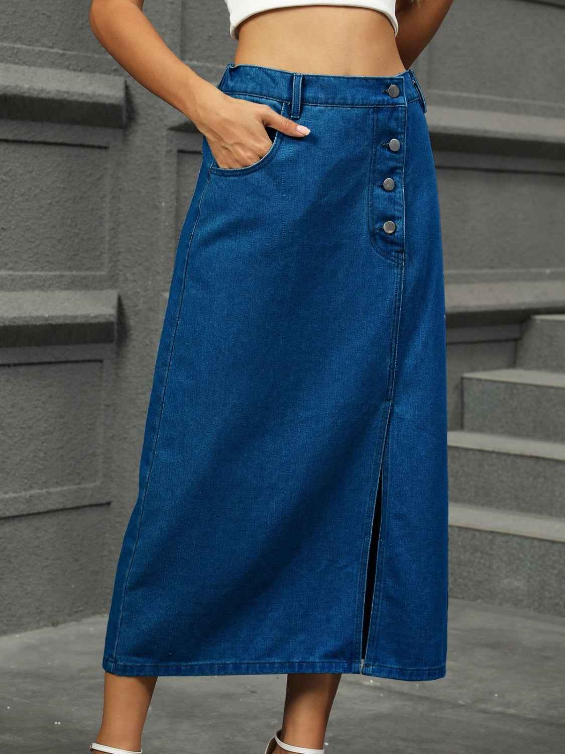 Slit Button Detail Denim Skirt - Stylish Midi Length Fashion Piece