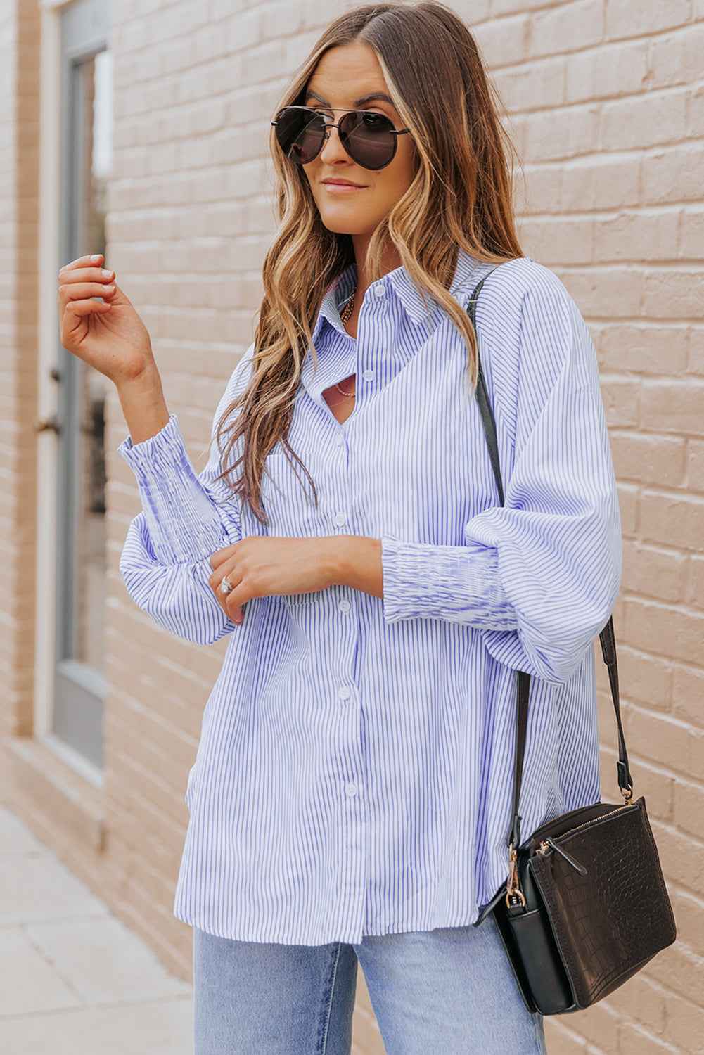 Striped Casual Blouse with Shirred Cuffs for Women