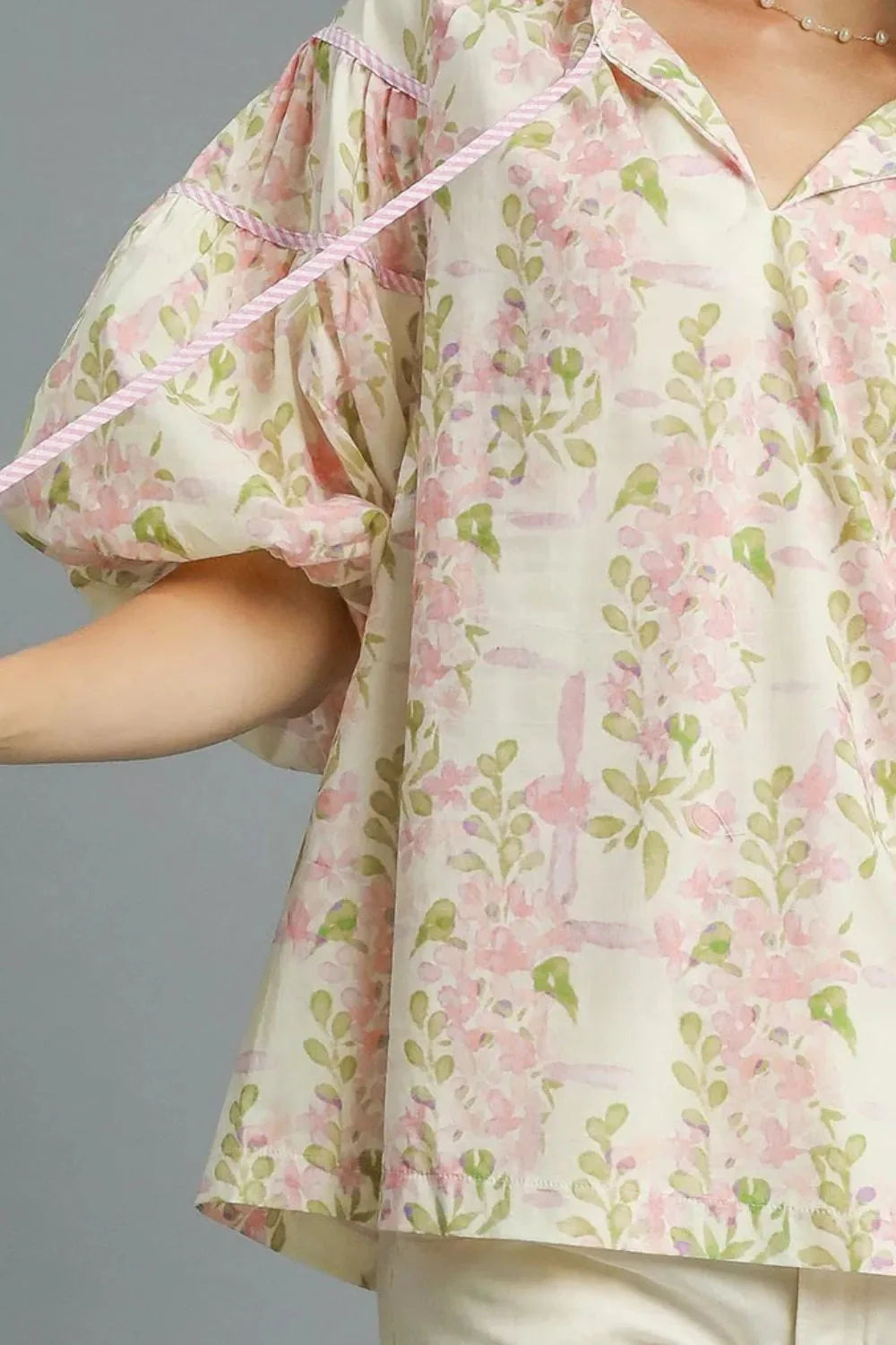 Umgee Floral Print Tie Neck Puff Sleeve Blouse