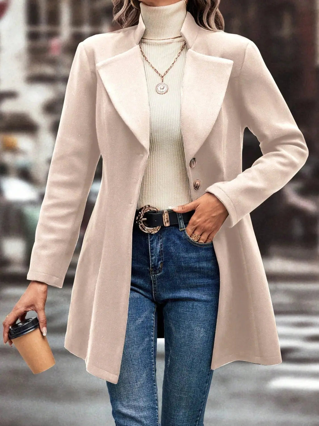 Collared Neck Long Sleeve Womens Longline Coat