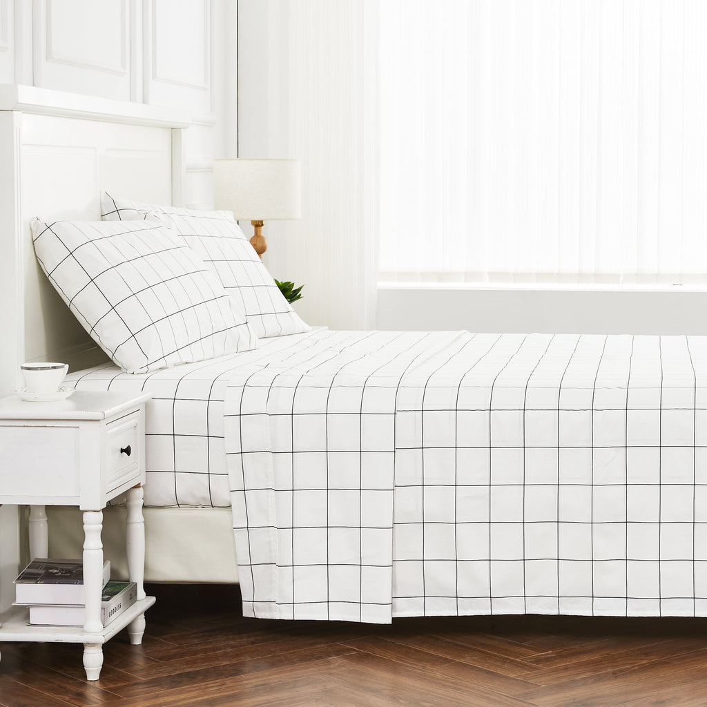 Grid Printed Cotton Percale Sheet Set