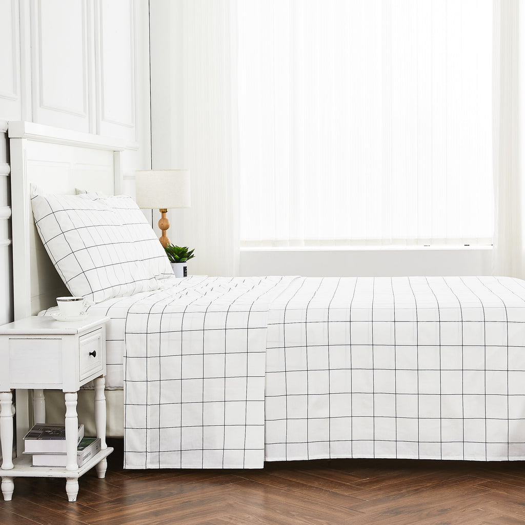 Grid Printed Cotton Percale Sheet Set