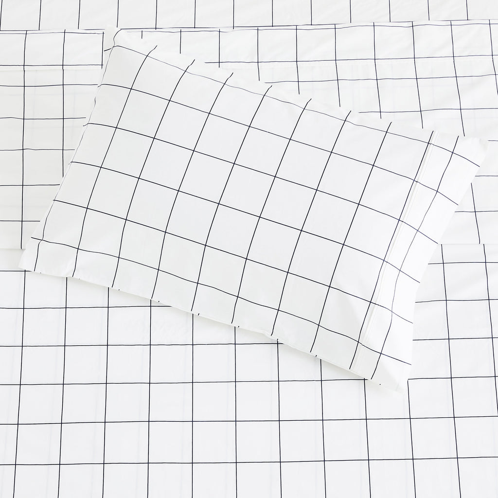 Grid Printed Cotton Percale Sheet Set
