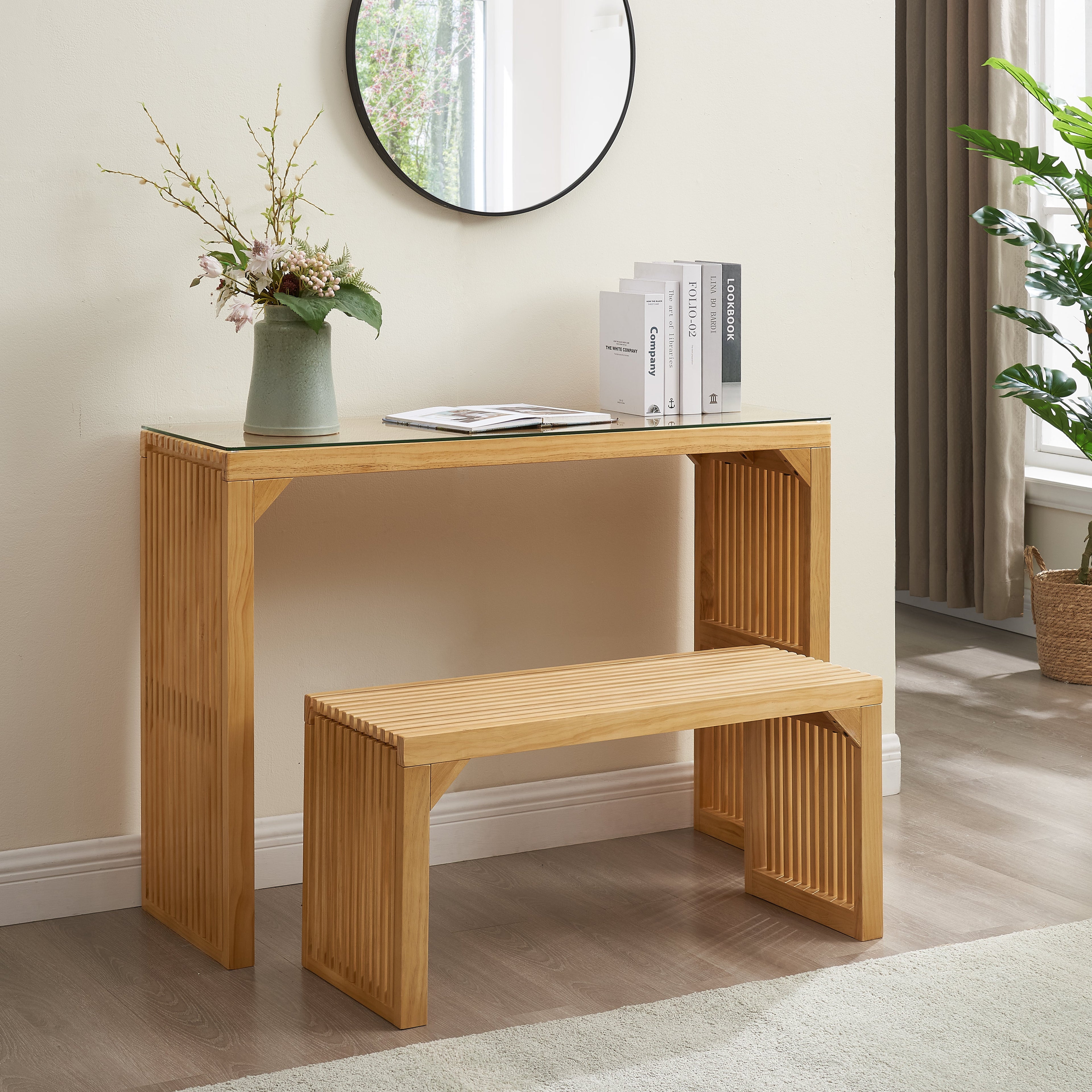 Dining Bench and Table, Pine Indoor Wood Bench for Entryway,Living Room,Kitchen and Bedroom Table (Nature, Long Bench & Table)