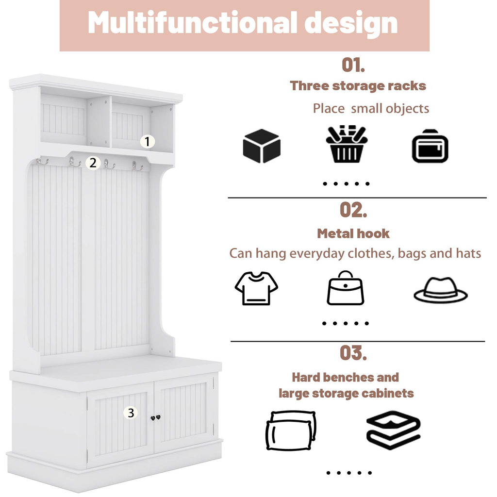 Hall Tree with Storage Shoe Bench for Entryway and Hallway 4-in-1 Design Coat Racks with 4 Hooks for Living Room White