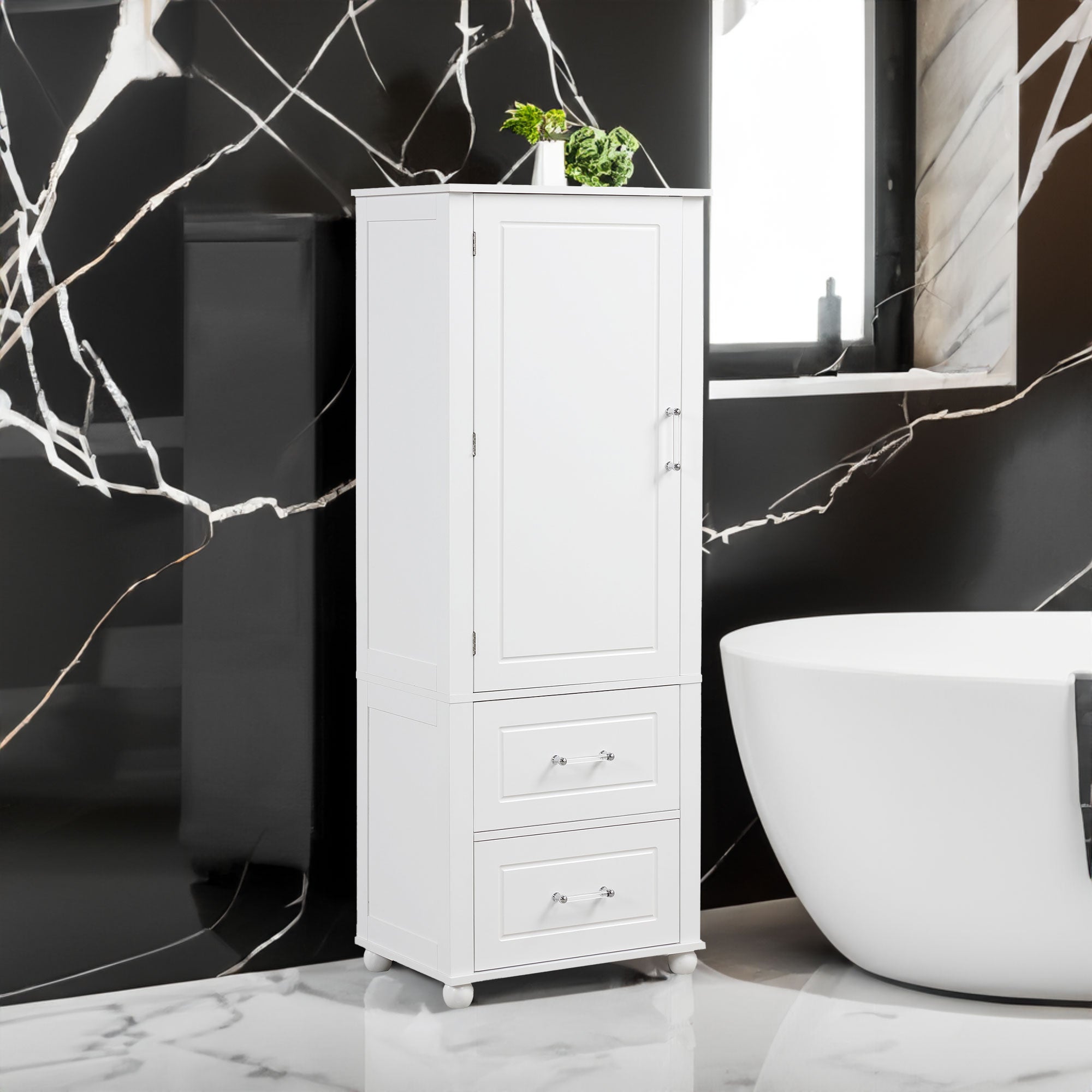 Tall Bathroom Storage Cabinet, Freestanding Storage Cabinet with Two Drawers and Adjustable Shelf, MDF Board  White