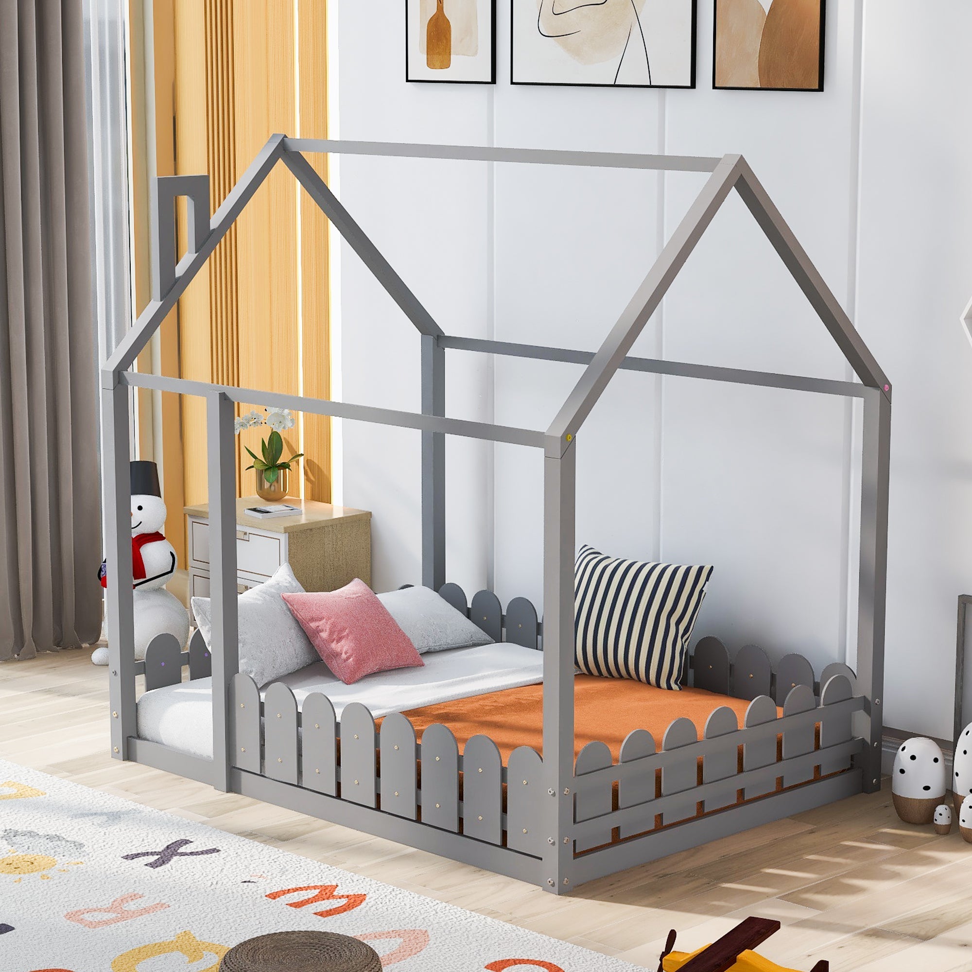 (Slats are not included)Full Size Wood Bed House Bed Frame with Fence for Kids Teens Girls Boys (Gray )