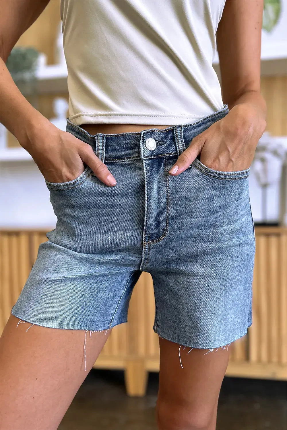 Judy Blue Jeans - Full Size High Waist Raw Hem Denim Shorts
