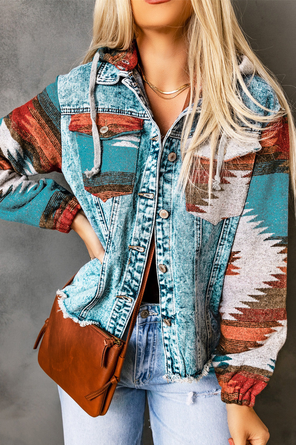 Aztec Denim Frayed Hem Jacket