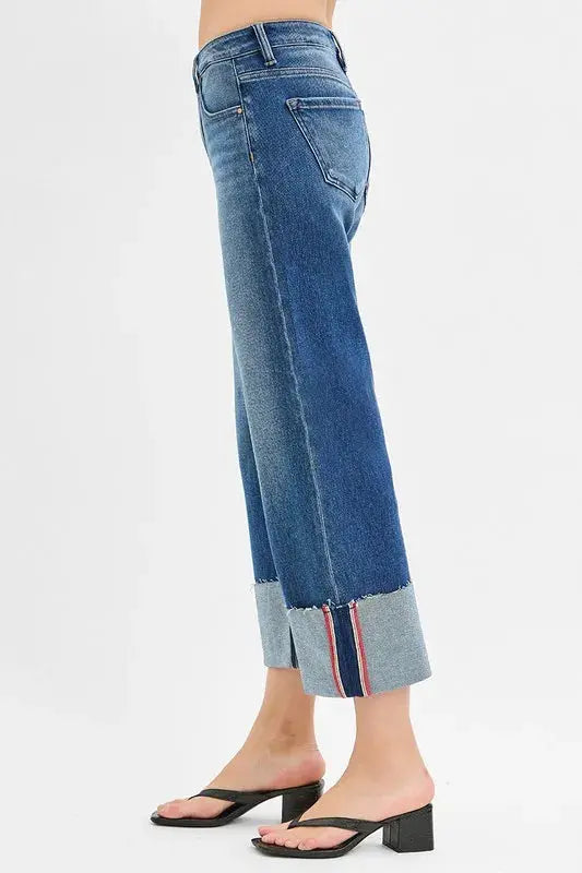 Full Size/Plus Size Tummy Control Mid Rise Crop Wide Cuffed RISEN Jeans