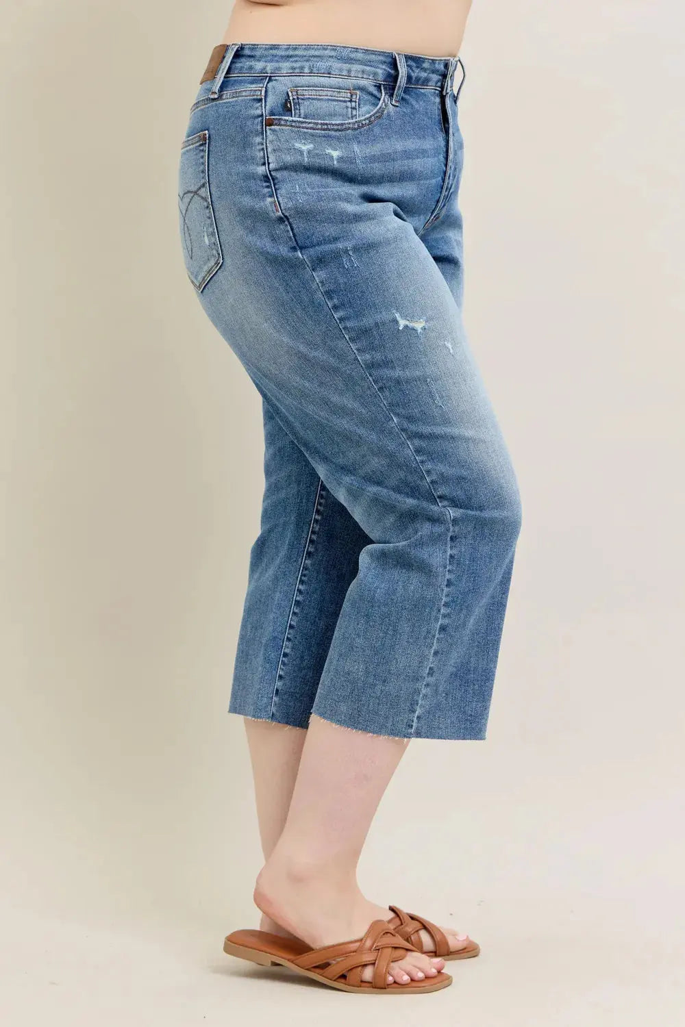 Plus Size High Waist Back Destroy & Raw Cut Hem Crop Wide Leg Judy Blue Jeans