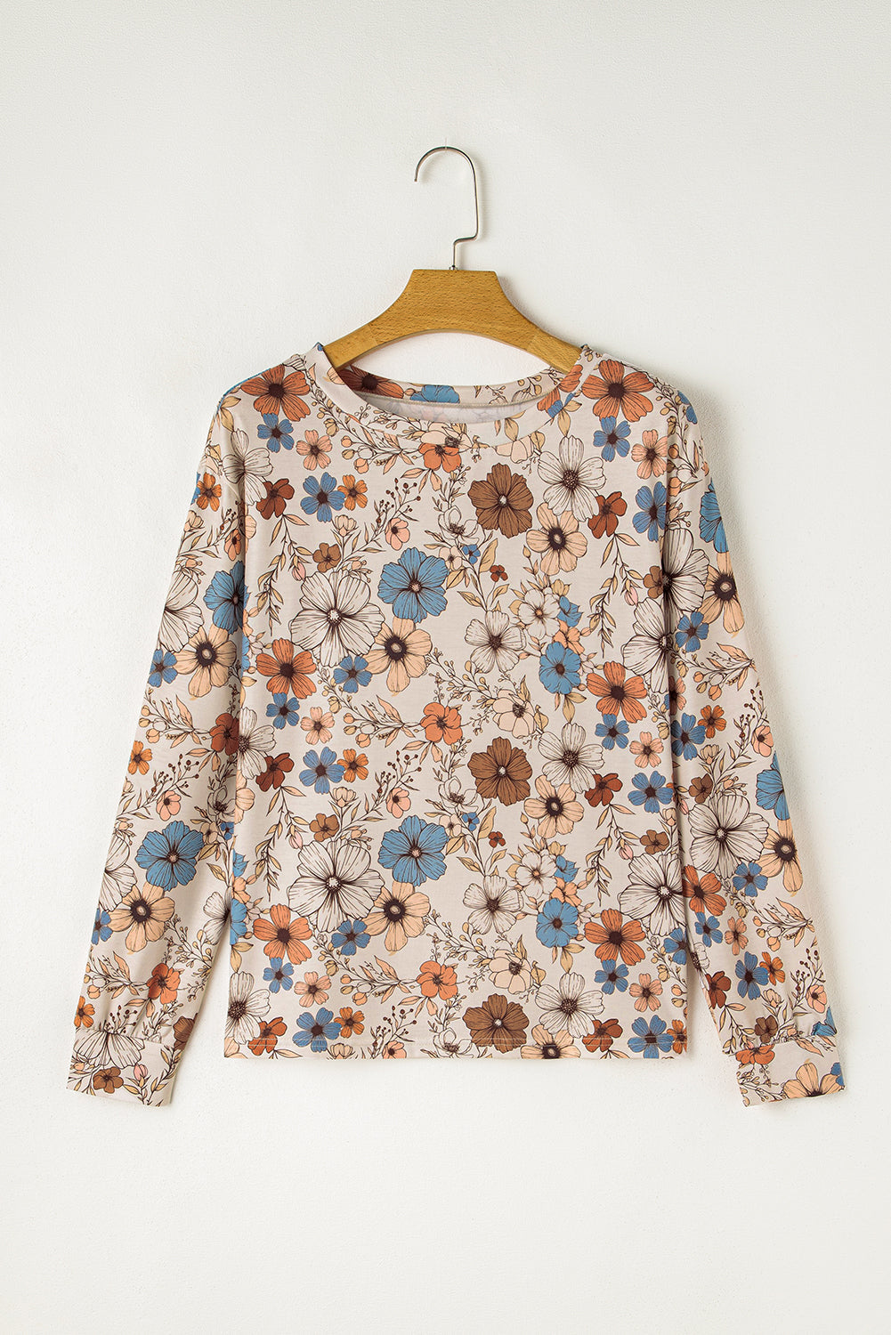 Khaki Floral Print Women's Top - Allover Floral Crew Neck Long Sleeve
