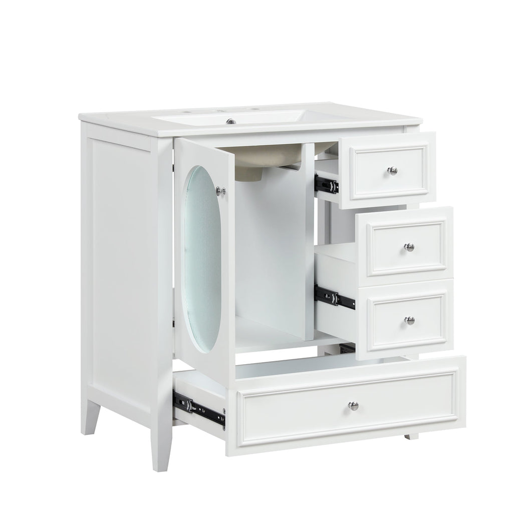 30" Bathroom Vanity with Sink, Bathroom Vanity Cabinet with Three Drawers and Door, Solid Wood and MDF, White