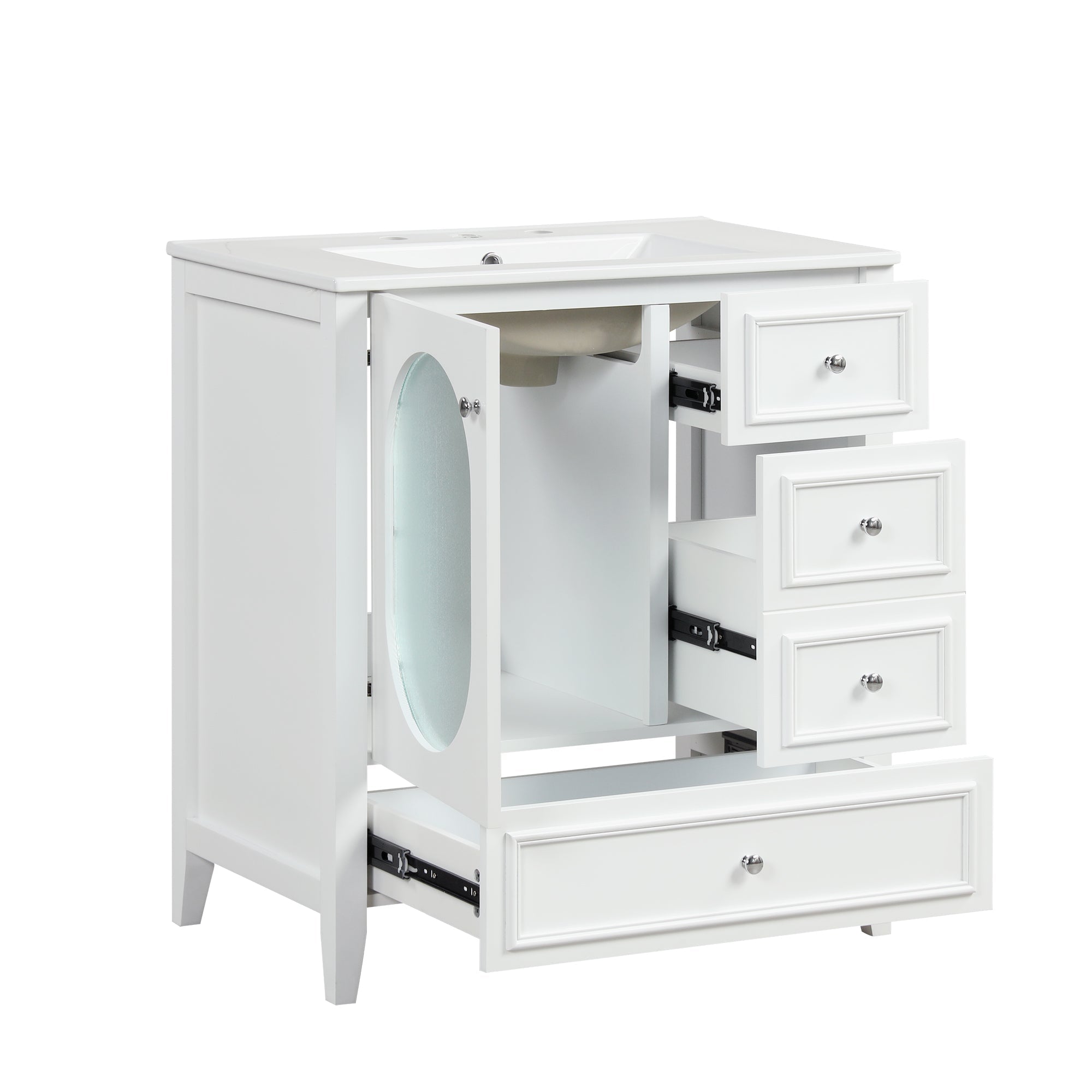 30" Bathroom Vanity with Sink, Bathroom Vanity Cabinet with Three Drawers and Door, Solid Wood and MDF, White
