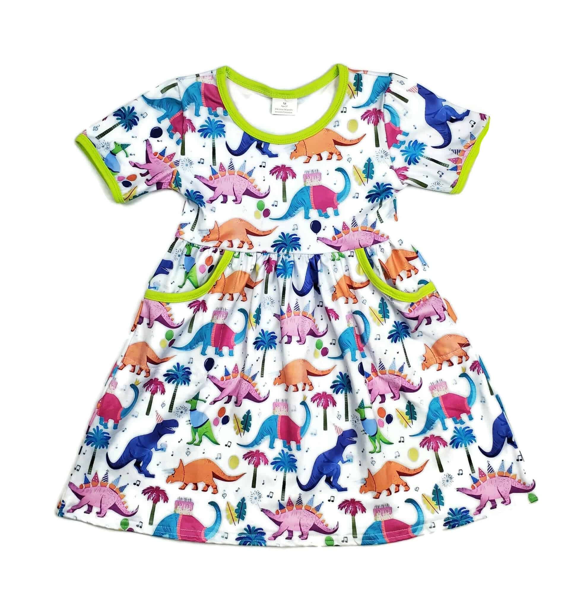 Birthday Dino Short Sleeve Pocket Milk Silk Dress