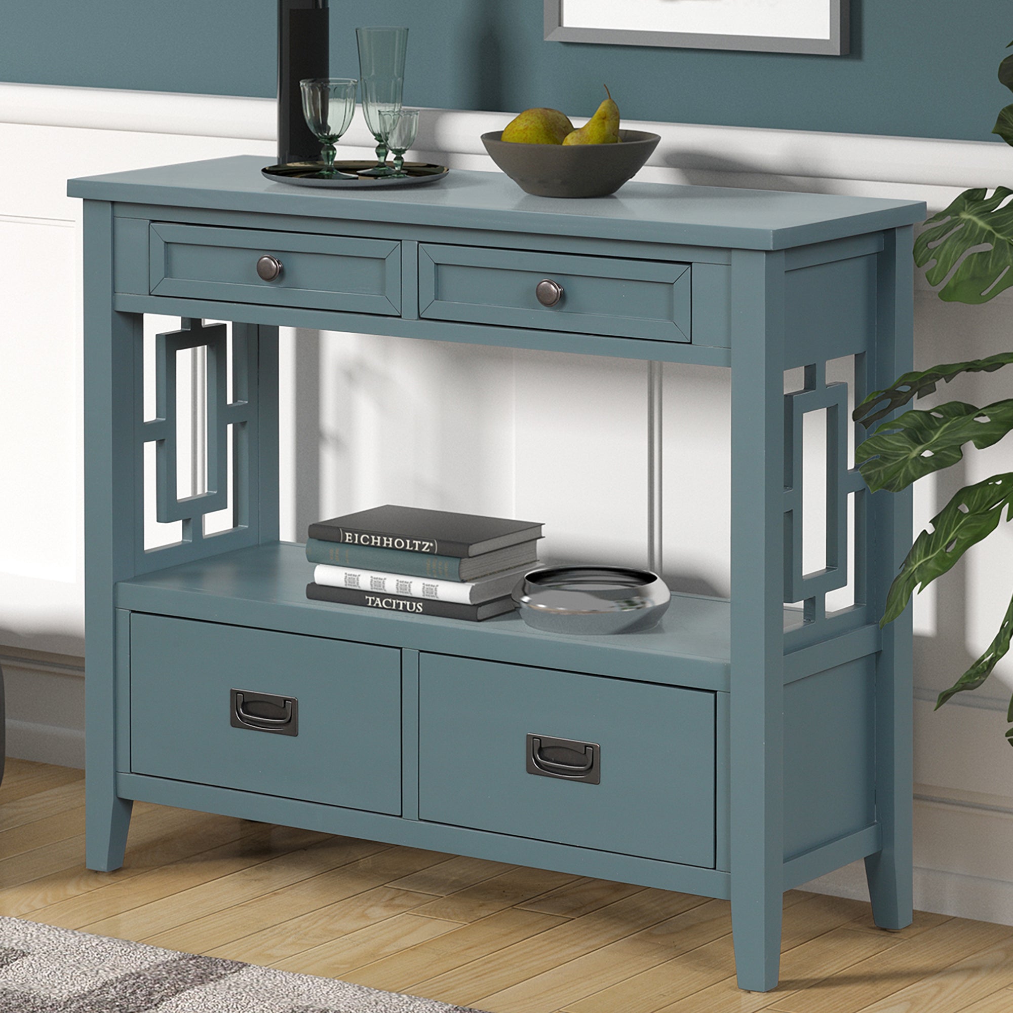 36'' Farmhouse Pine Wood Console Table Entry Sofa Table with 4 Drawers & 1 Storage Shelf ( Blue)