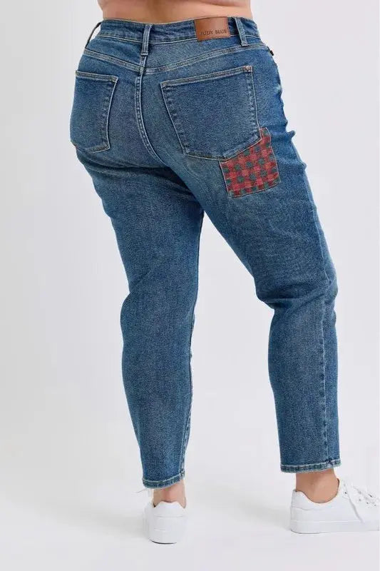 Plus Size High Waist Plaid Patch Slim Fit Judy Blue Jeans