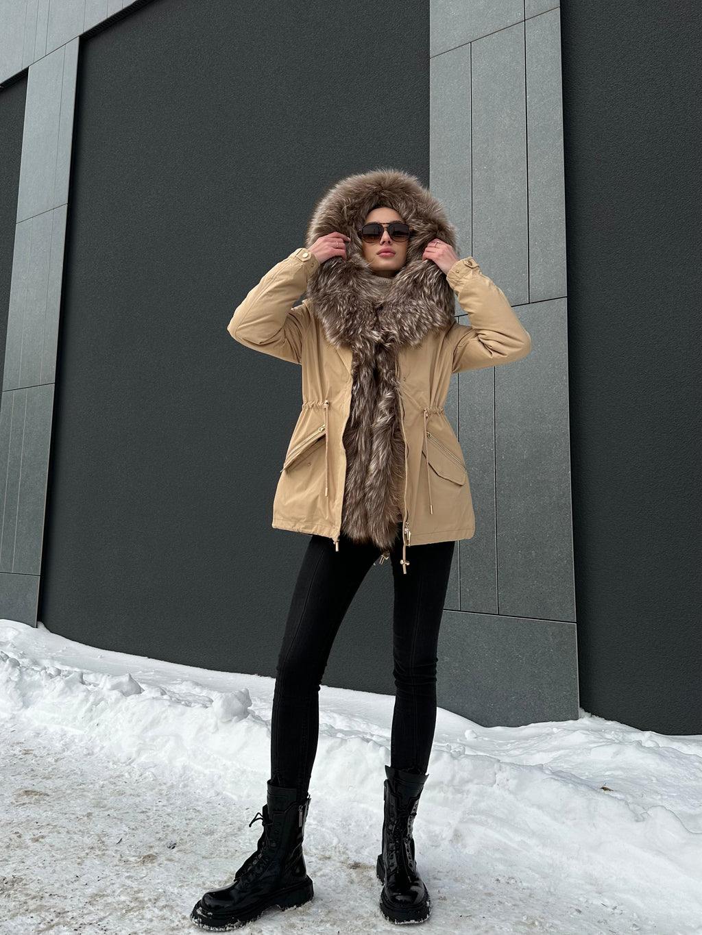 Genuine Silver Fur Trim Parka with Rabbit Fur Insulation