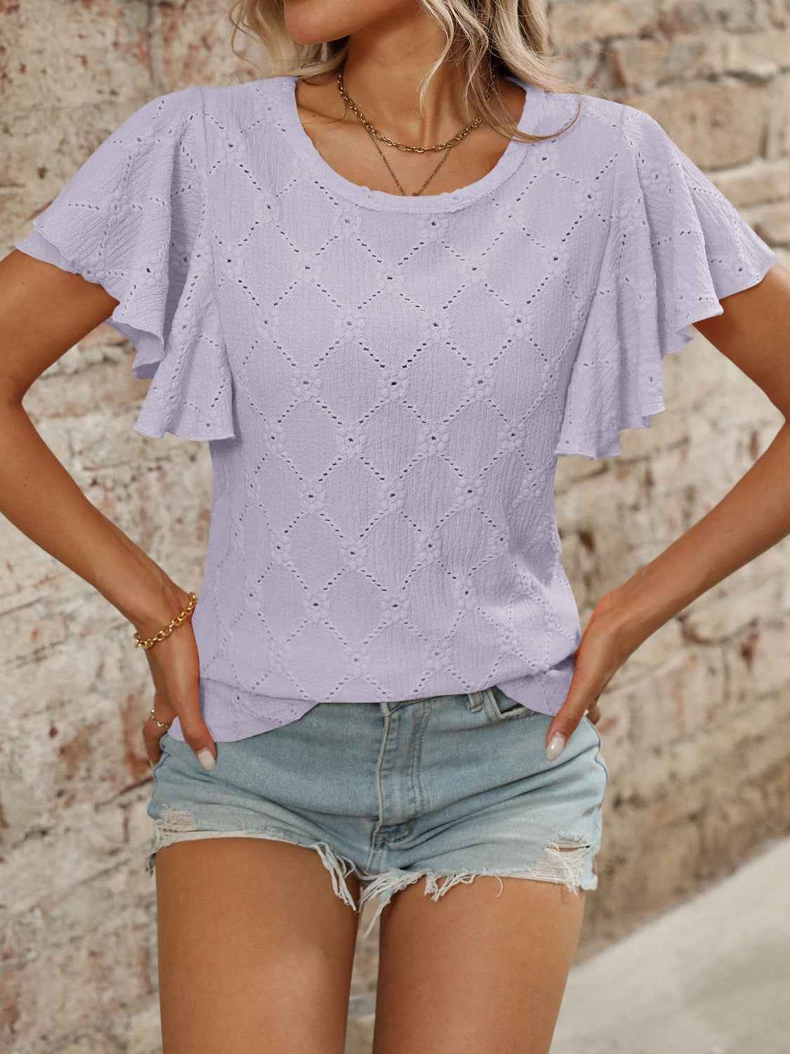 Eyelet Flutter Sleeve Top - Round Neck & Stylish Women's Top