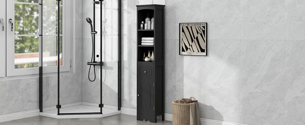 Tall Bathroom Cabinet, Freestanding Storage Cabinet with Drawer, MDF Board, Adjustable Shelf, Black