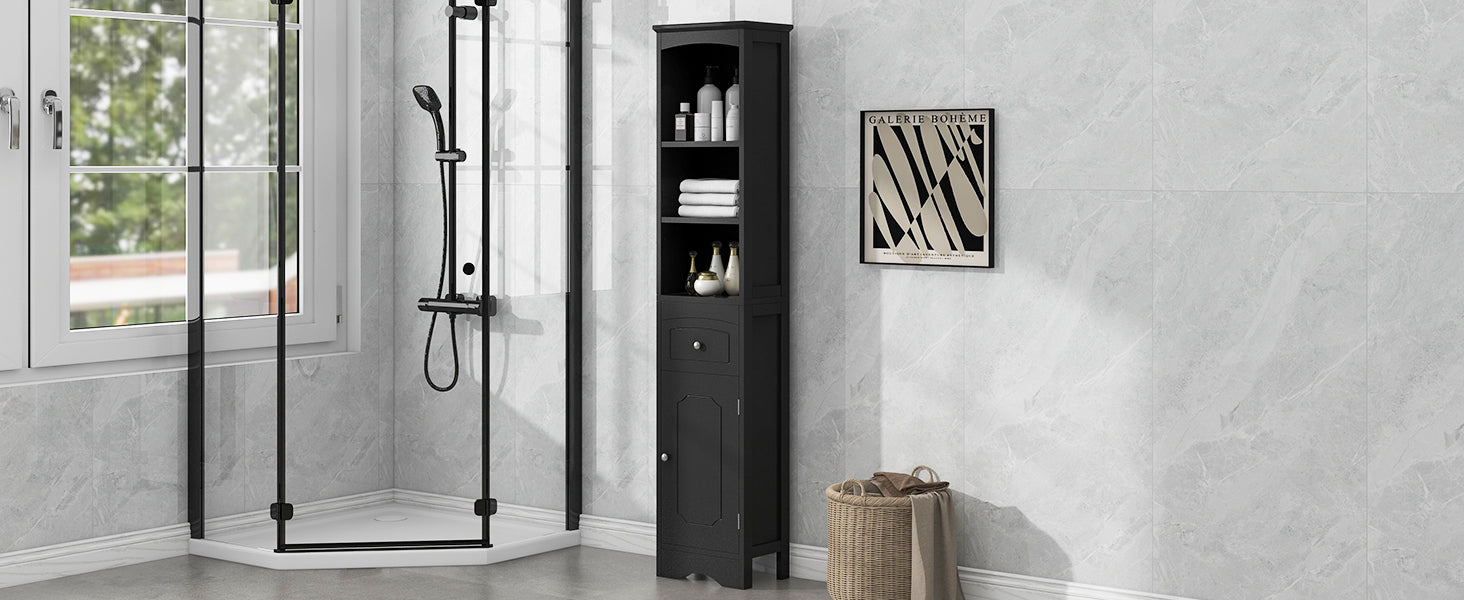 Tall Bathroom Cabinet, Freestanding Storage Cabinet with Drawer, MDF Board, Adjustable Shelf, Black