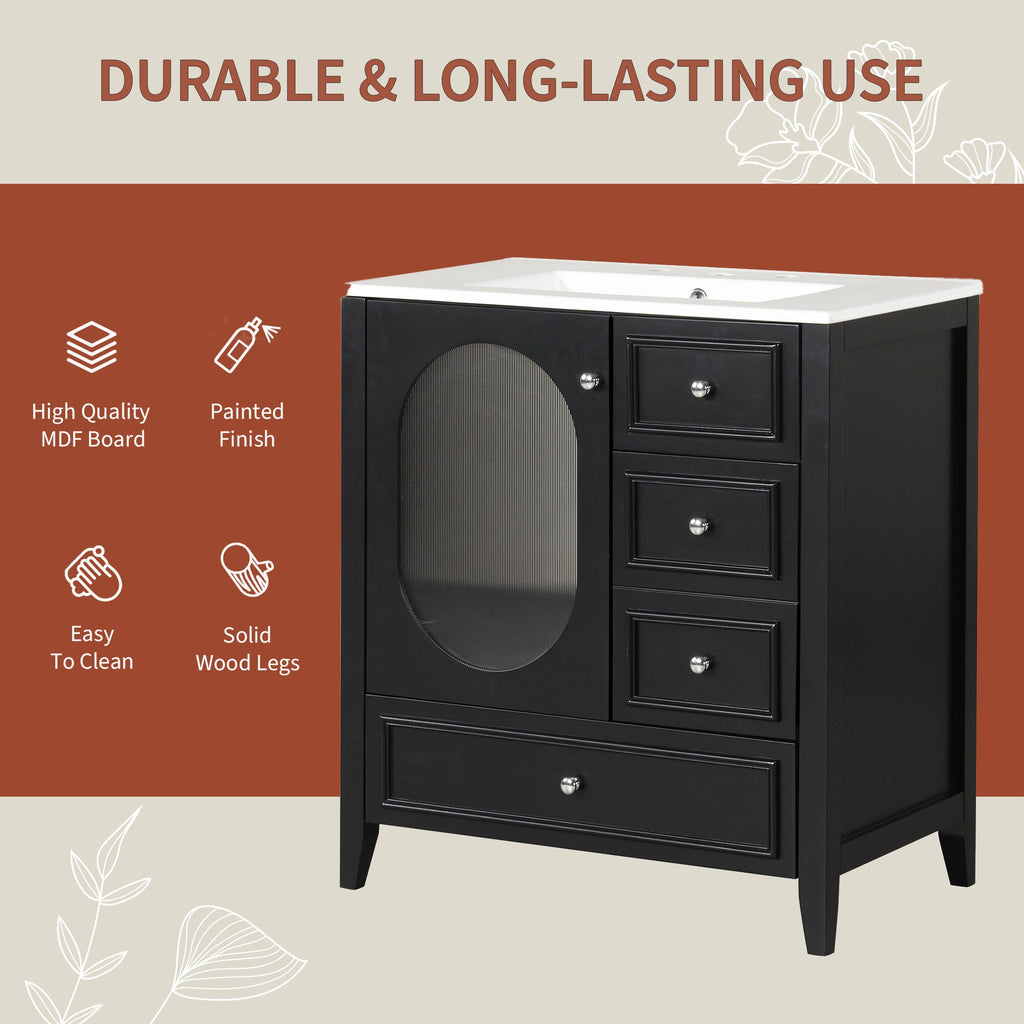 30" Bathroom Vanity with Sink, Bathroom Vanity Cabinet with Three Drawers and Door, Solid Wood and MDF, Black