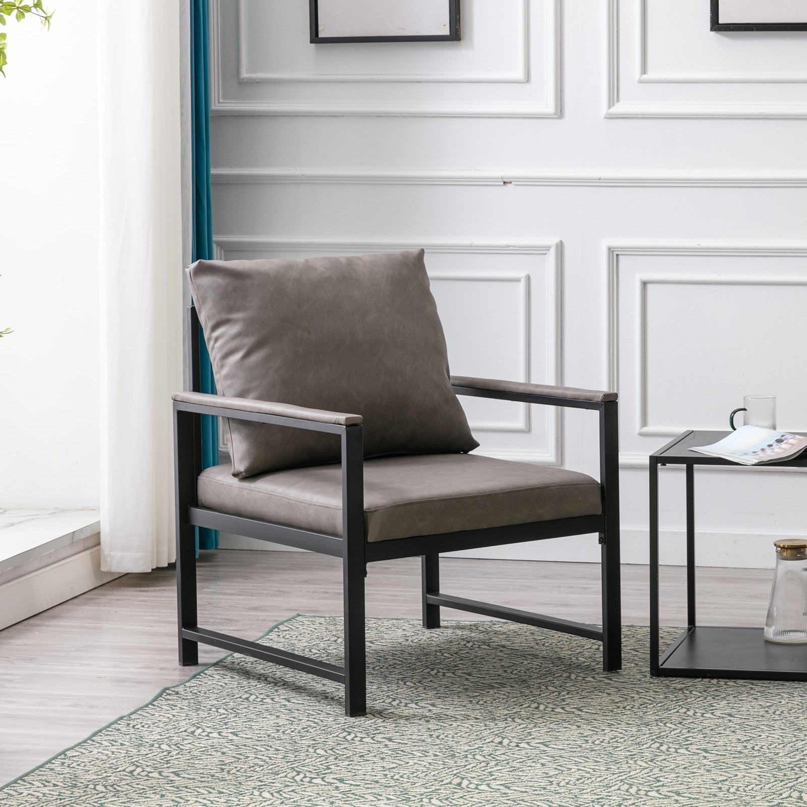 A&A Furniture Modern Faux Leather Accent Chair with Black Powder Coated Metal Frame Gray