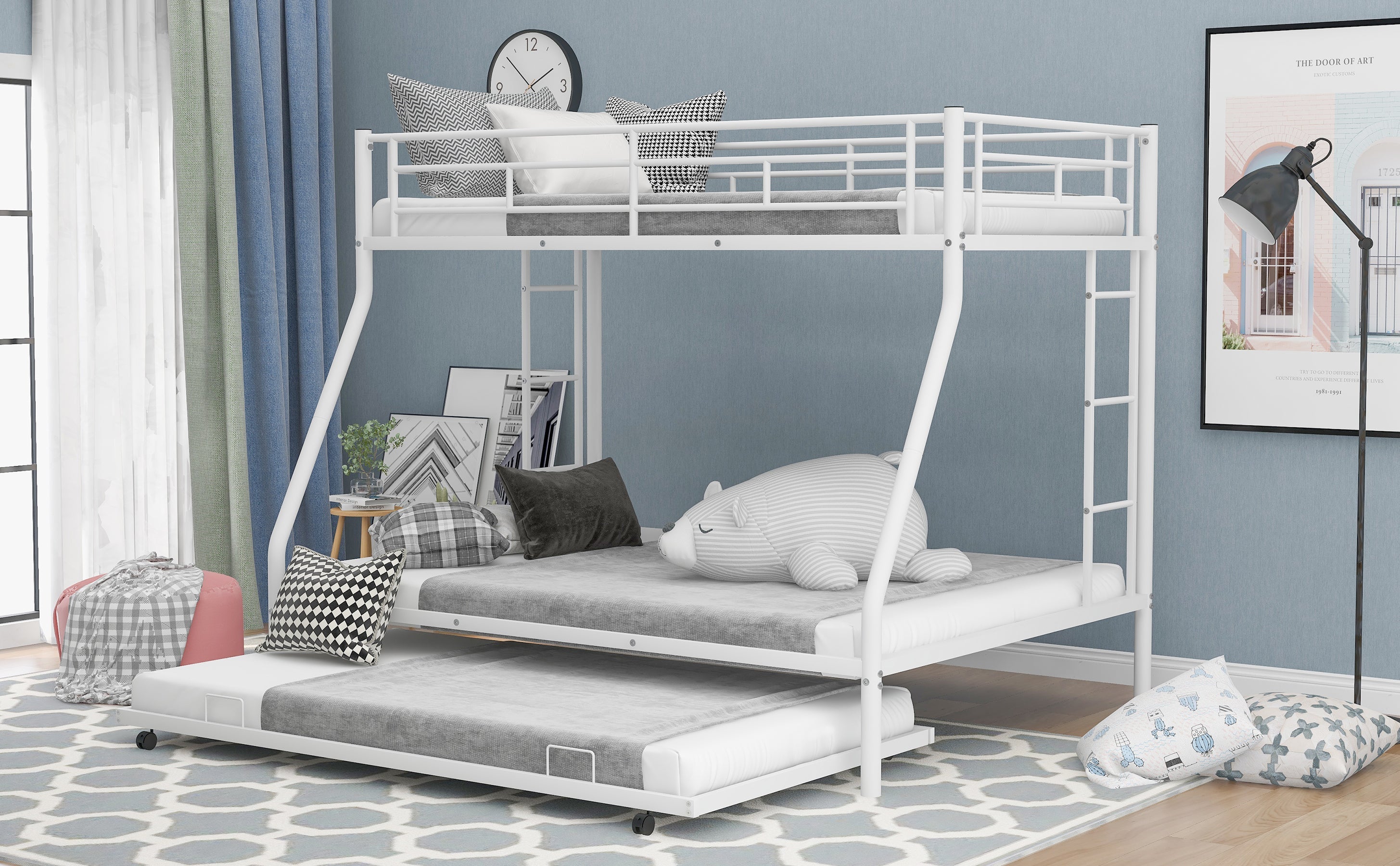 Twin over Full Bed with Sturdy Steel Frame Bunk Bed with Twin Size Trundle  Two-Side Ladders  White