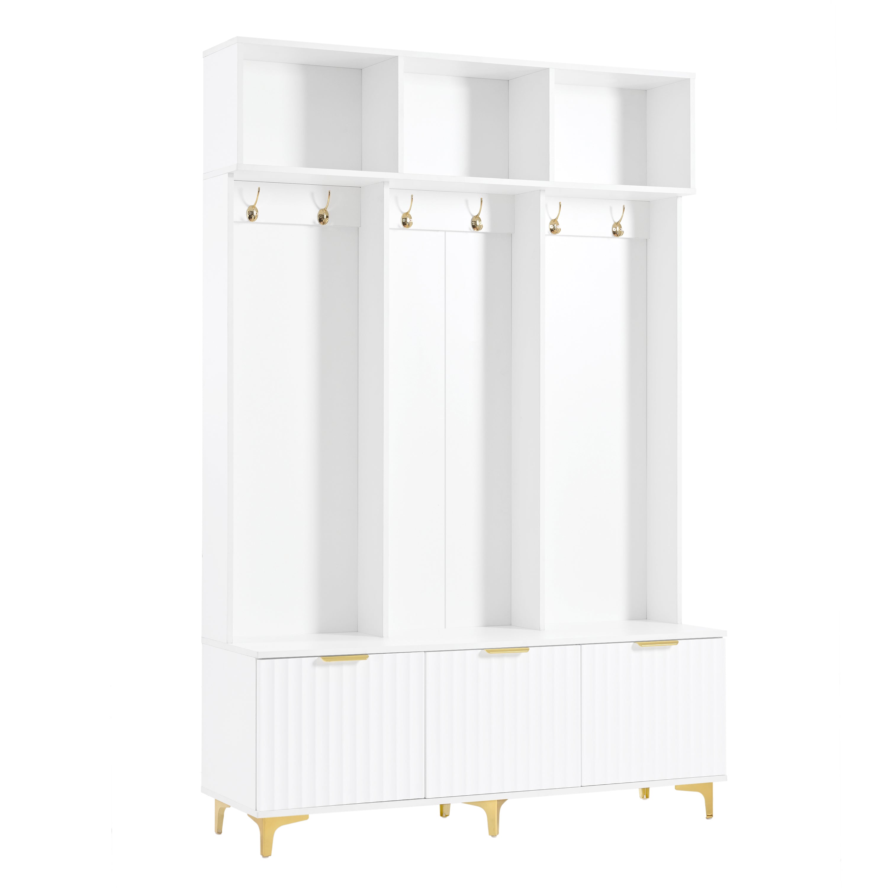 Large storage hall tree with bench, multifunctional storage platform, luxury clothes hanger equipped with 6 gold hooks