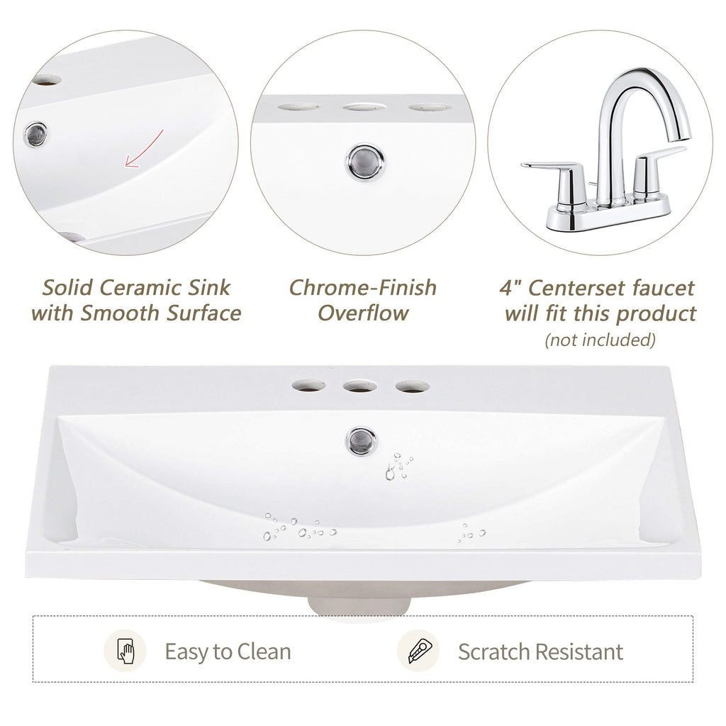 24" Bathroom Vanity Top Only White Basin 3-Faucet Holes  4" Faucet Available Ceramic