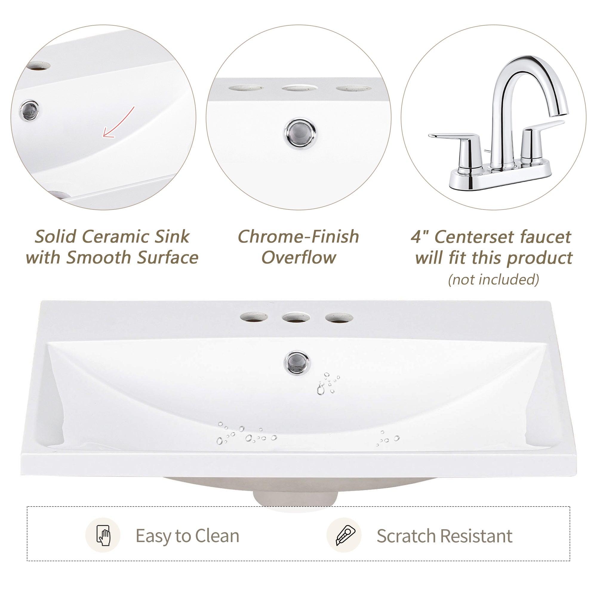 24" Bathroom Vanity Top Only White Basin 3-Faucet Holes  4" Faucet Available Ceramic